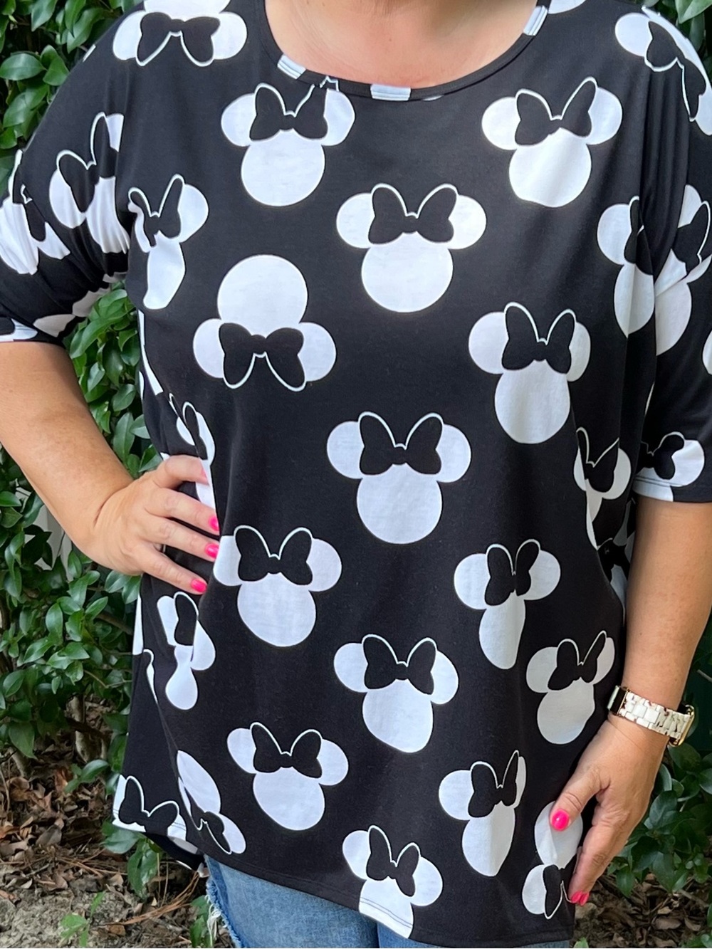 LuLaRoe Black Top with White Bow Head Print